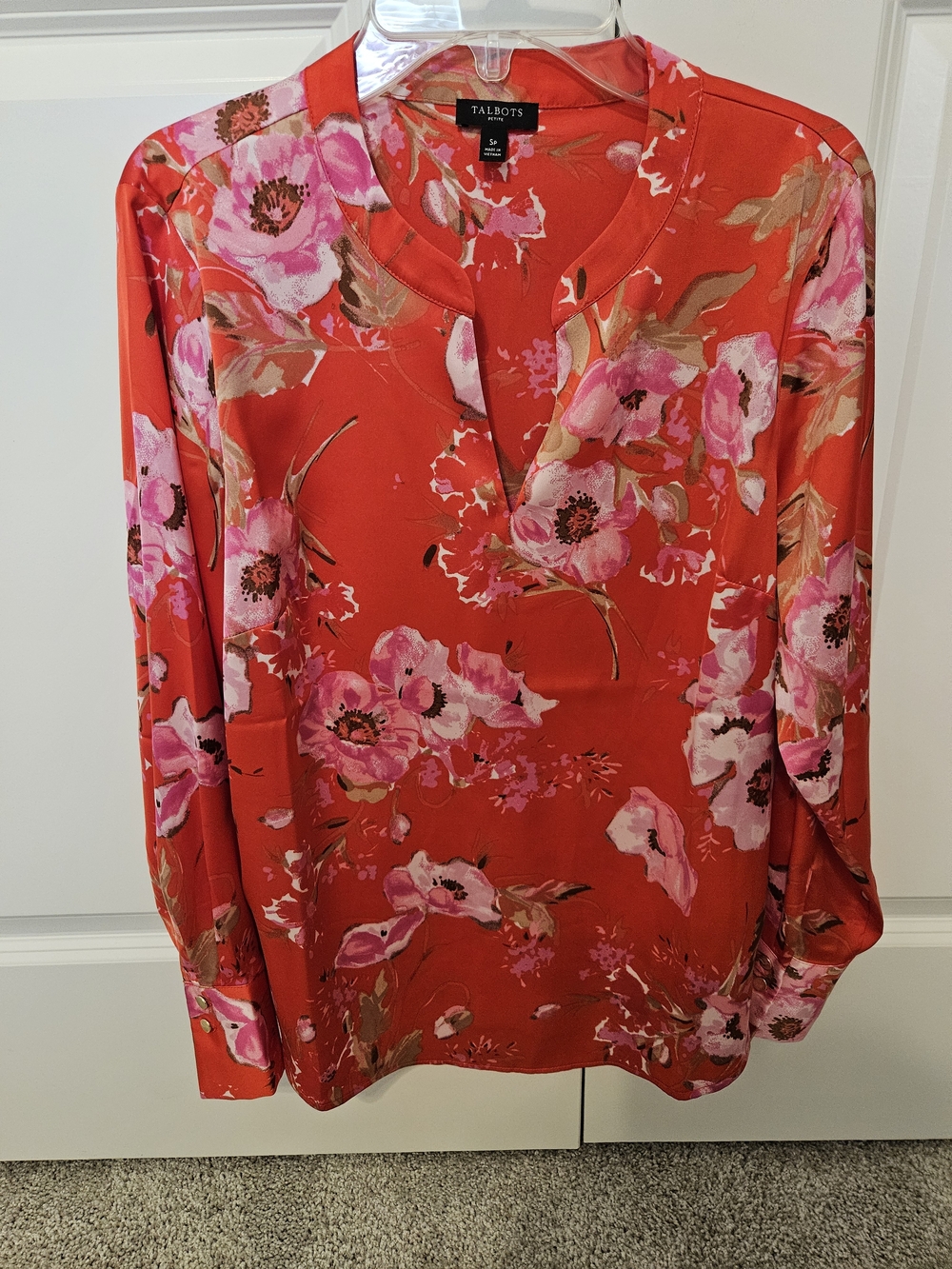 Talbots Red Floral V-Neck Blouse with Pink Blooms